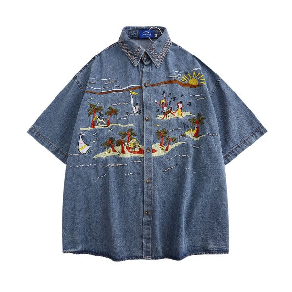 Gababa Ocean Embroidery Point Overfit Denim Collar Short-Sleeve Shirt G74807 (Plus Size M~2XL)