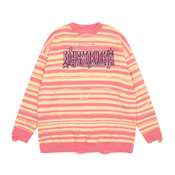Gababa Unisex Vintage Stripe Round Neck Long Sleeve Knit G78189 (Plus Size M~2XL)