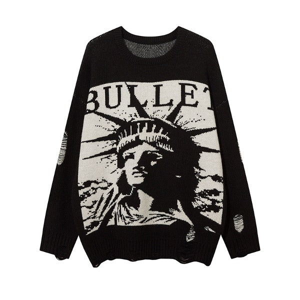 Gababa Unisex BULLET Lettering Statue of Liberty Unique Long Sleeve Knit G78249 (Plus Size M ~ 2XL)