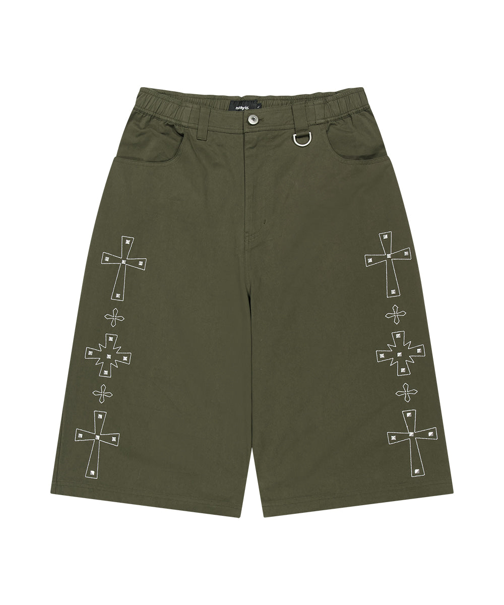 MAHAGRID CROSS STUD TWILL SHORTS [KHAKI]