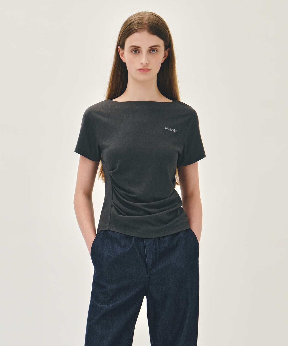 MARITHE W WAIST SHIRRING TEE charcoal