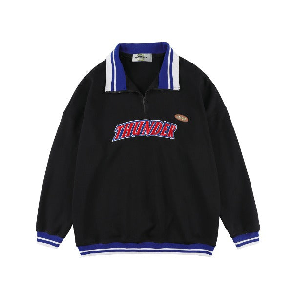 Gababa Unisex Red Thunder Logo Blue Point Overfit Half-Zip Collar Long Sleeve T-shirt G77338 (Plus Size S~XL)
