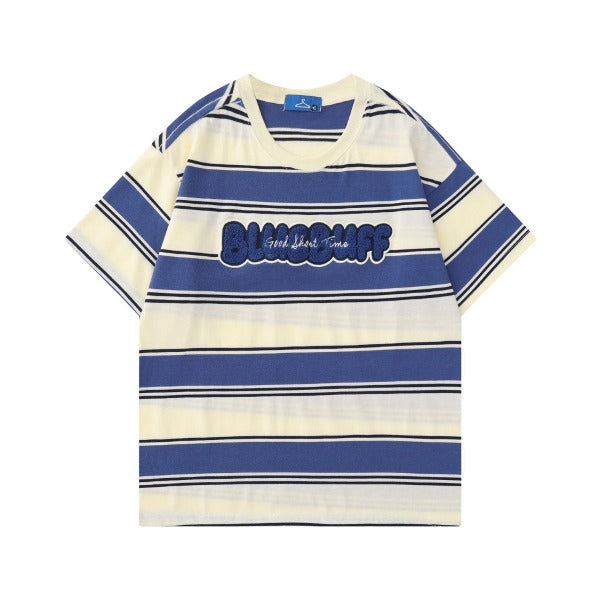 Gababa Unisex Strip Lettering Round Neck Oversized Short Sleeve T-shirt G76913 (Plus Size S~XL)