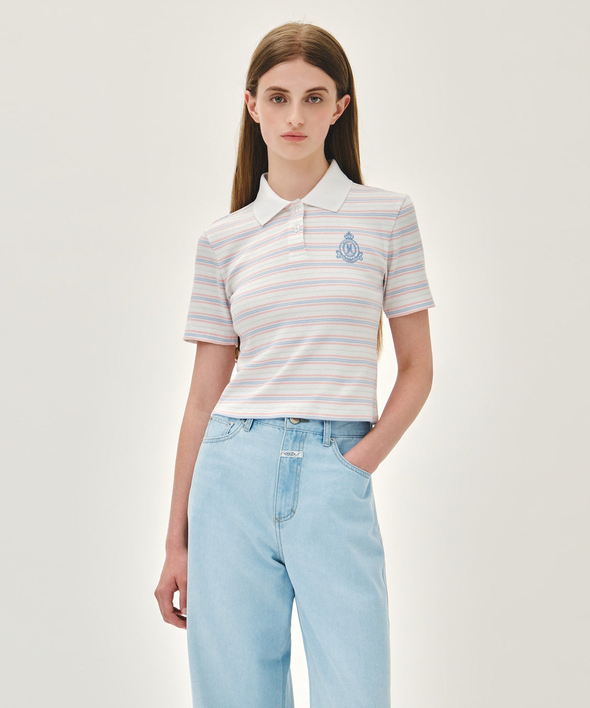 MARITHE W STRIPE SLIM CROP COLLAR TEE ivory