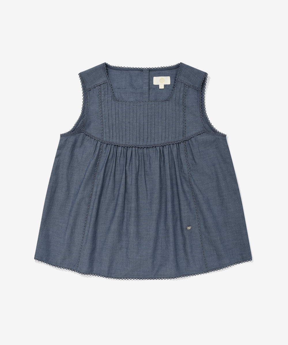 Covernat Women's Chambray Pintuck Sleeveless Blouse Blue