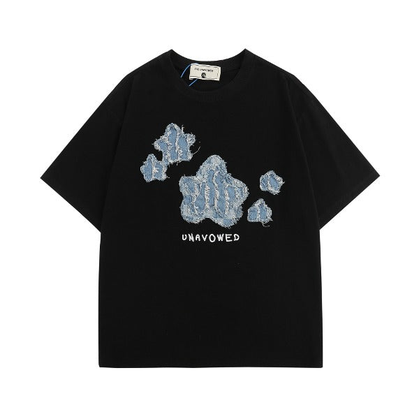 Gababa Unisex Denim Star Patch Short-sleeve T-shirt G76789 (Plus size M~2XL)