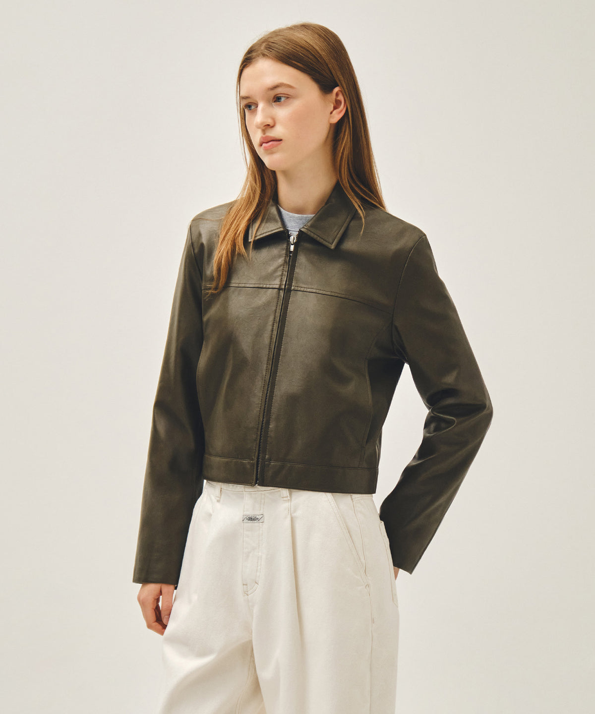 MARITHE W CROP FAUX LEATHER JACKET khaki