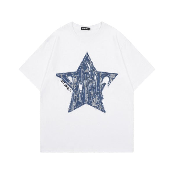 Gababa Distressed Denim Star Logo Short Sleeve T-shirt G76968