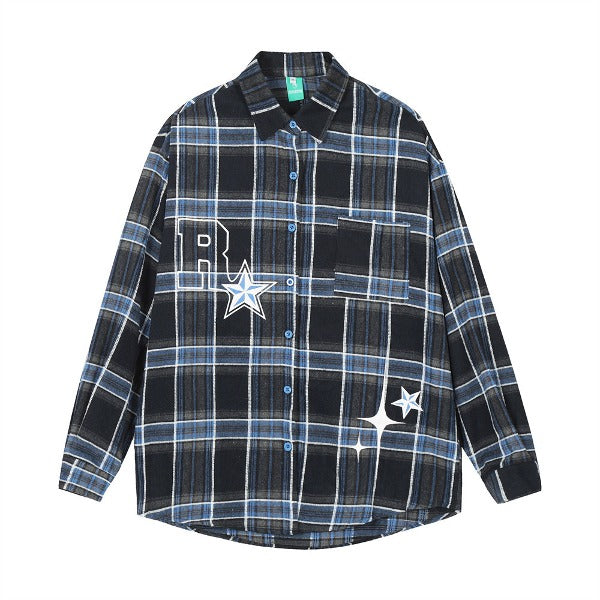 Gababa Unisex Check Oversized Collar Long Sleeve Shirt with R Lettering G77820 (Plus Size M~XL)