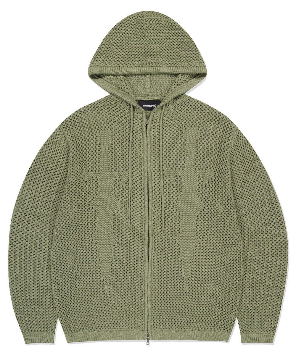 MAHAGRID DAGGER MESH HOOD ZIP UP KNIT [OLIVE]