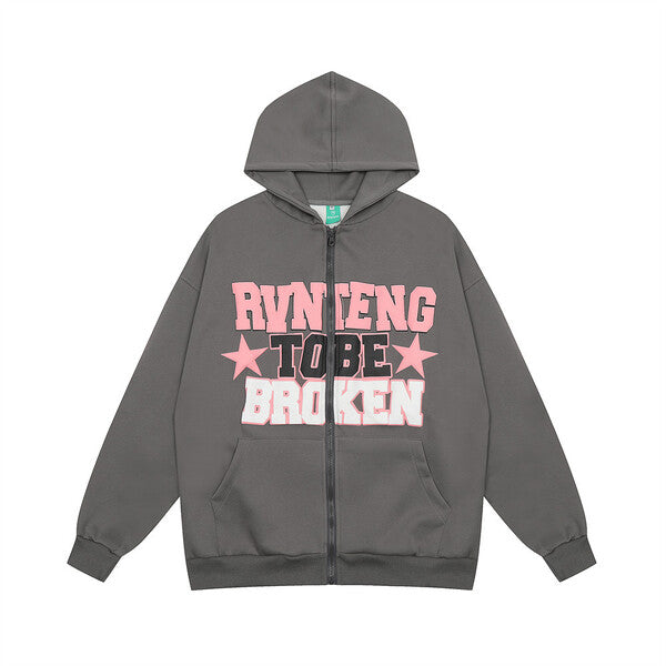 Gababa Unisex Pink Lettering Overfit Hoodie Zip-up G77715 (Plus Size M~XL)