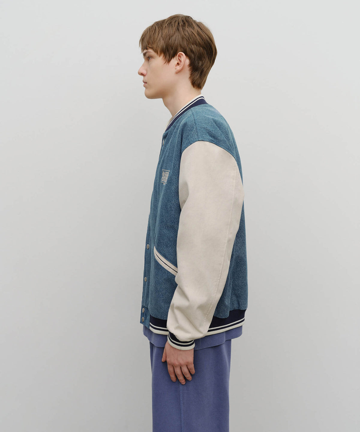 MARITHE CLASS LOGO EMBROIDERY DENIM VARSITY JACKET light blue