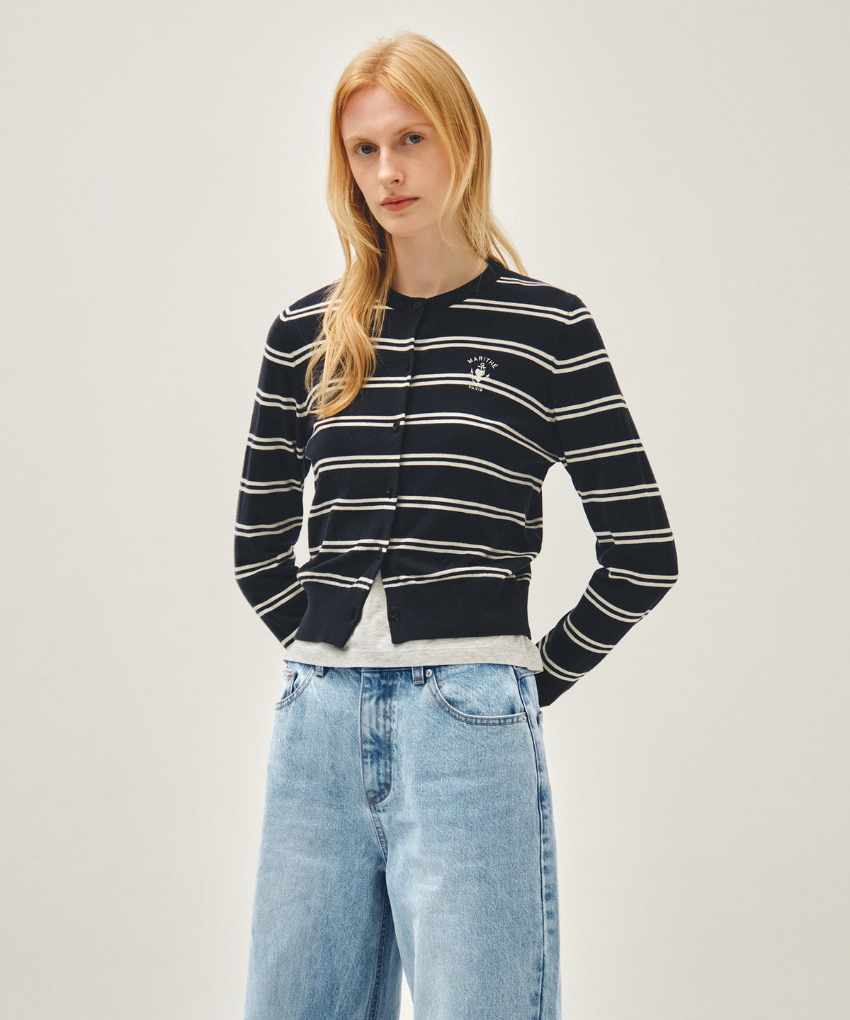 MARITHE W STRIPE KNIT CARDIGAN navy