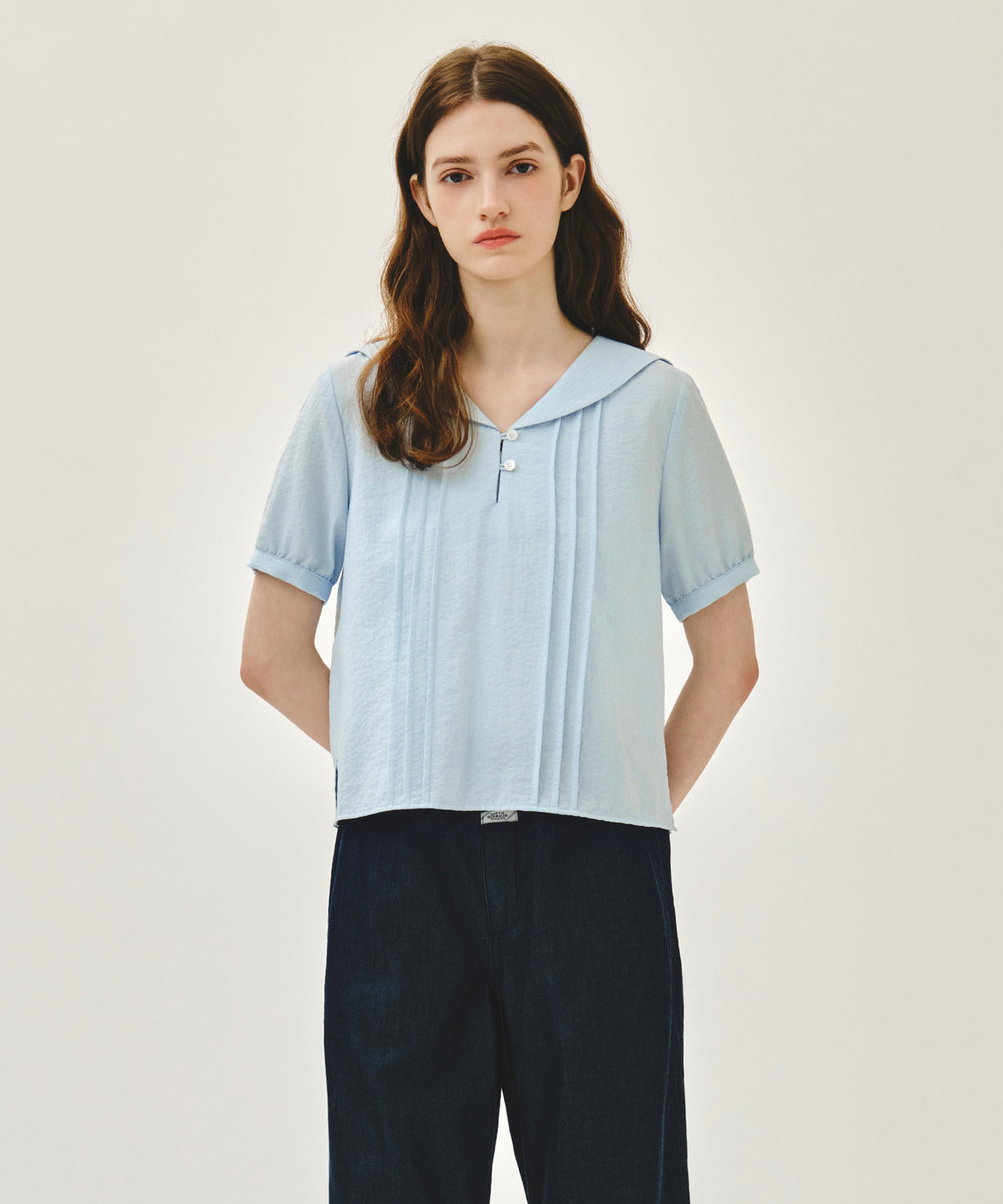MARITHE W PIN TUCK SAILOR HALF SLEEVE SHIRT sky blue
