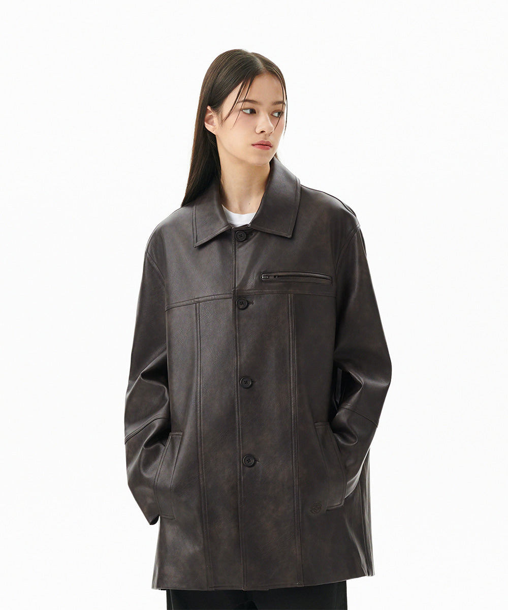 MAHAGRID FAUX LEATHER CARCOAT [WASHED BLACK]