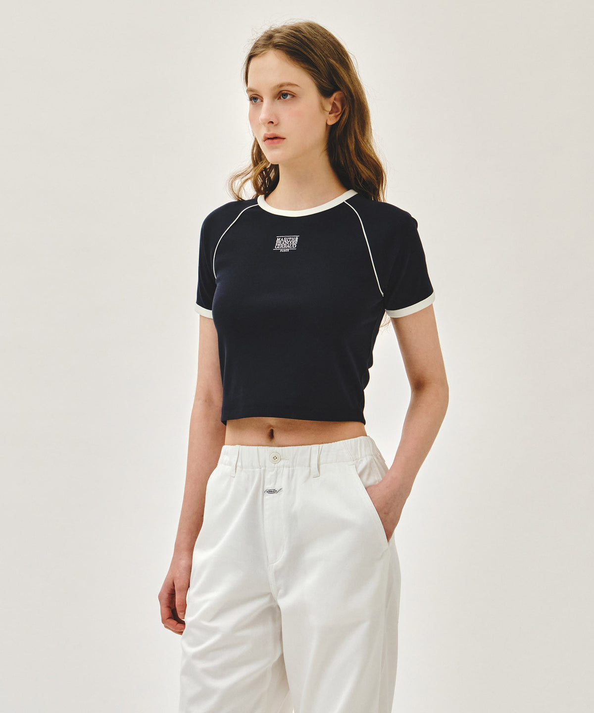 MARITHE WEROCOOL SMALL CLASSIC LOGO RINGER SLIM CROP TEE navy
