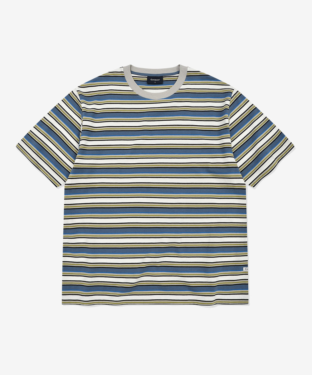 Covernat Multi Stripe Crop T-Shirt Dusty Blue