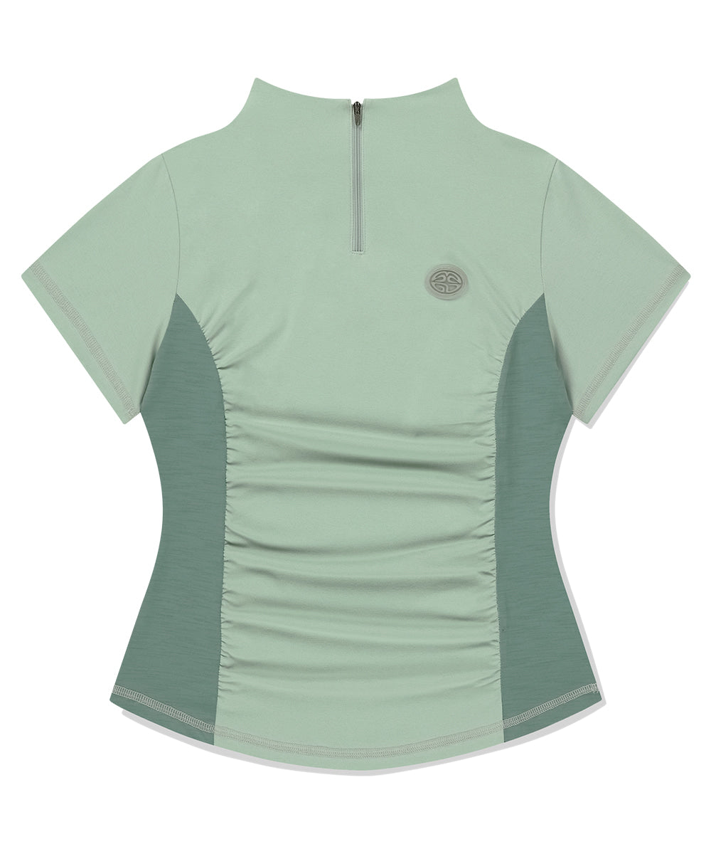 MAHAGRID SHIRRING HALF ZIP-UP JERSEY TEE [LIGHT GREEN]